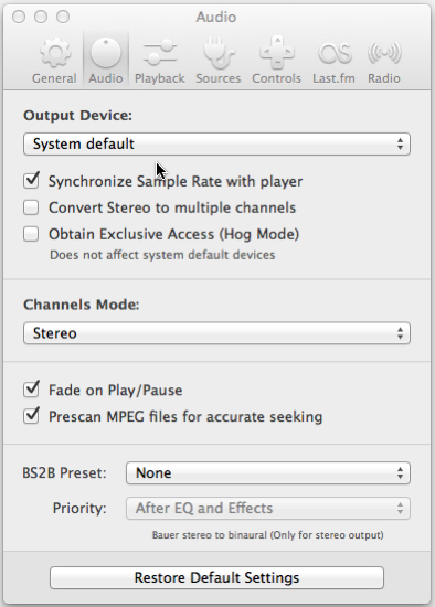 Settings VOX MP3 Player Mac OSX